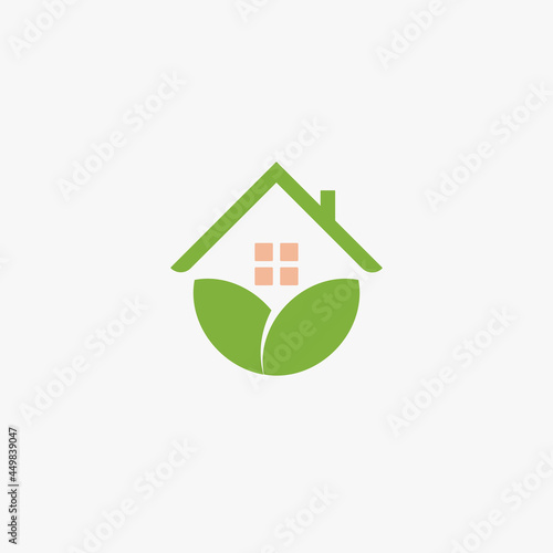 Garden house logo template design farming logotype, chalet abstract icon, petal or leaves house, eco house, vegetarian kindergarten logotype