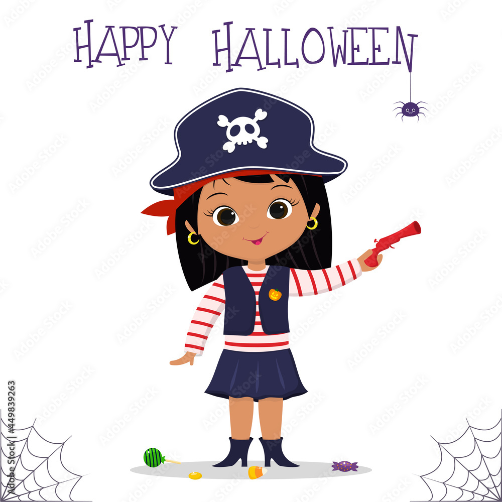 Halloween party. Cute little girl dressed as a pirate, lollipops and lollipops, a spider and a cobweb. Postcard, vector illustration. Halloween party. Cute little girl dressed as a pirate, lollipops and lollipops, a spider and a cobweb. Postcard, vector illustration.