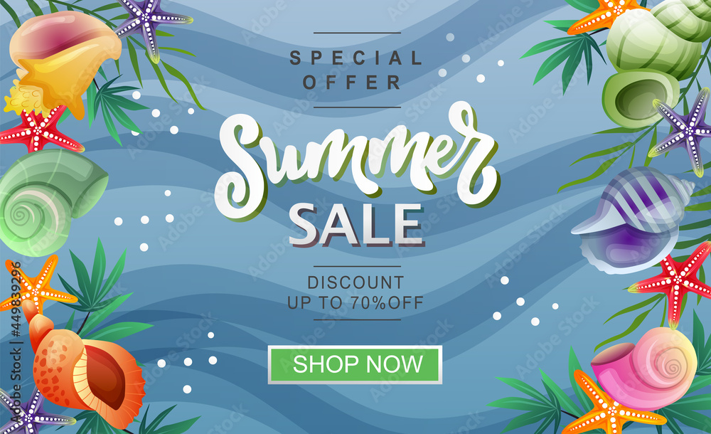 Summer sale banner seashell and palm leaves Summer sale banner seashell and palm leaves
