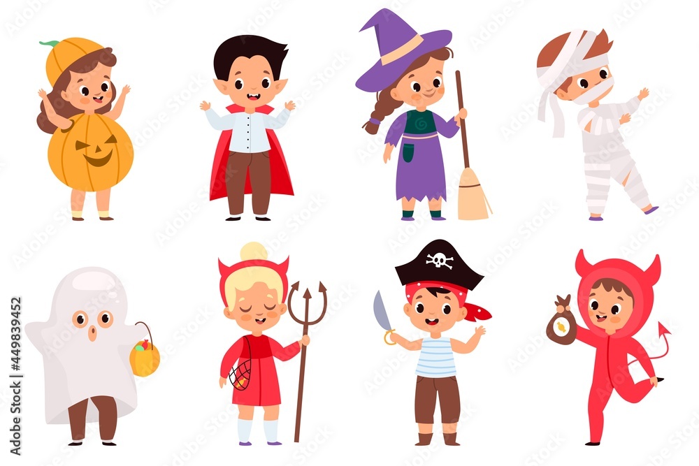 Halloween kids. Happy children in scary different costumes, fun holiday, trick-or-treaters boys and girls, witch and mummy, pumpkin and pirate. Vector cartoon flat isolated set Halloween kids. Happy children in scary different costumes, fun holiday, trick-or-treaters boys and girls, witch and mummy, pumpkin and pirate. Vector cartoon flat isolated set