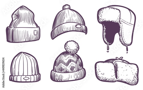 Sketch mens caps. Warm winter and autumn fashion hats design. Sports and knitted male and female wool headwear, seasonal traditional accessories. Hand drawn clothing vector isolated set