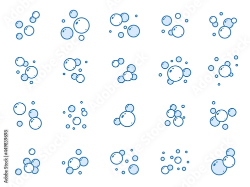 Blue flat air bubbles. Linear soap bubbles, outline water boiling icons, foam circles effervescent compositions, cleaning signs. Cleaning detergent, shower gel or shampoo. Vector isolated set