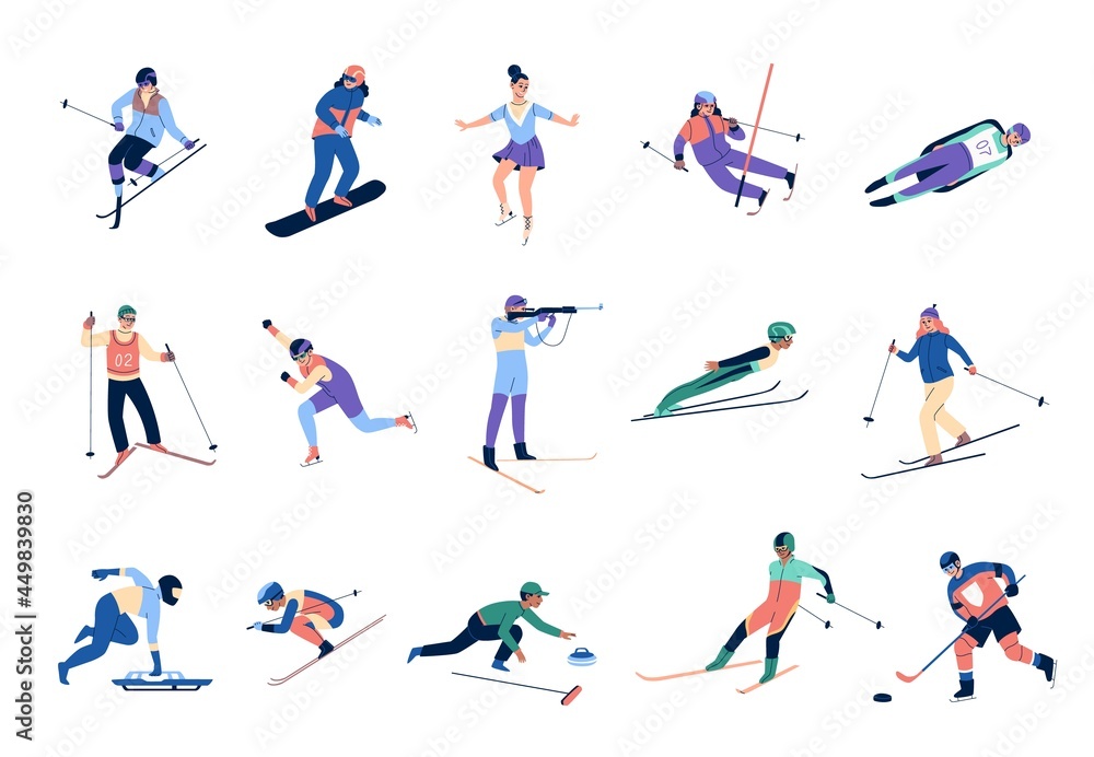 Winter sports skating. Skiers and snowboards athletes, mountains ski jumping and freestyle, bobsleigh, curling ice hockey, olympic games. People active poses vector cartoon isolated set
