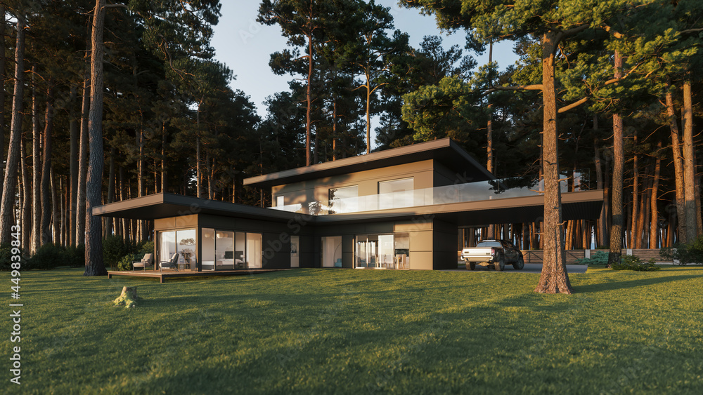 Modern house in the forest. Big contemporary house. Private house in the forest. Beautiful house in a pine forest. 3d illustration Modern house in the forest. Big contemporary house. Private house in the forest. Beautiful house in a pine forest. 3d illustration