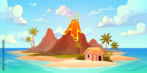 Volcanic eruption. Natural disaster scene, power kick hot lava and smoke, island catastrophe, active mountain crater, shack on ocean beach. Horizontal landscape vector cartoon flat concept