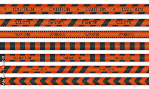 Police lines and don't cross ribbons. Caution and danger tapes in red and black color. Warning signs collection isolated on white background. Vector illustration