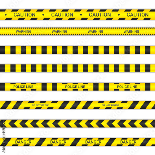 Police lines and don't cross ribbons. Caution and danger tapes in yellow and black color. Warning signs collection isolated on white background. Vector illustration © Maksym Kravchenko