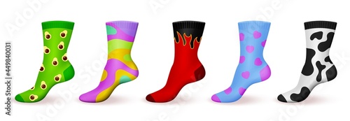 Realistic ornamented socks. Patterned colored design comfortable cotton foot clothes, kids and adult unisex funny socks, trendy bright sport feet decor. Modern accessory vector 3d isolated set
