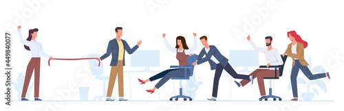 Office team game. People chair riding, men and women actively playing, team building event, business characters having fun. Competition for employee. Vector cartoon flat isolated concept