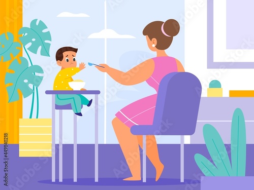 Baby feeding room. Mom gives food toddler with spoon at home, little kid sitting on high chair, harmful child refuses eat. Parent care and love, happy motherhood vector cartoon flat concept