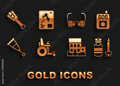 Set Electric wheelchair, Press the SOS button, Syringe, Medical hospital building, Crutch or crutches, Blind glasses, Prosthesis leg and X-ray shots icon. Vector