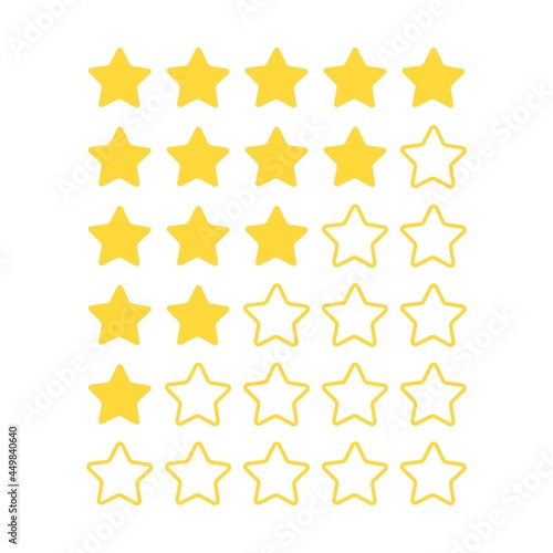 Five star rating. Feedback bar for customers opinion. Flat icon product review. Yellow line and colored stars, web site and application quality rating buttons, vector isolated set