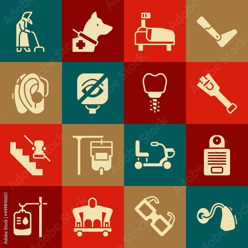 Set Hearing aid, Intercom, Prosthesis leg, Hospital bed, Blindness, Grandmother and Dental implant icon. Vector