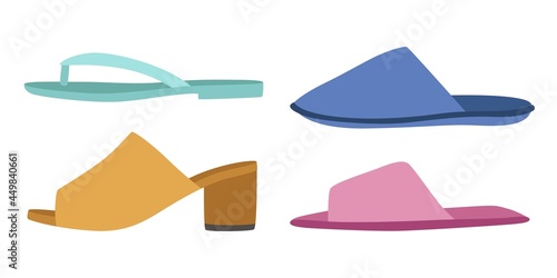 Footwear. Types of shoes for men and women or house. Fashionable casual style. Side view on summer flip-flop footgear without heels. Home slippers. Vector beach outfit elements set