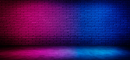 black brick wall  background with neon lighting effect pink purple and blue. glowing lights on empty brick wall background