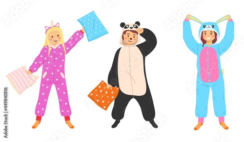 Kids animal pajamas. Boys and girls in overalls standing smiling. Panda unicorn and rabbit funny costumes, clothes with animalistic prints or cute sleepwear. Vector cartoon flat isolated set