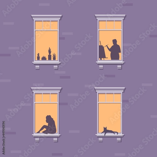 Neighbors. Windows with people, houseplant, and cat. Brick wall of building facade, shadows evening home scene, human life concept. Vector flat cartoon isolated illustration
