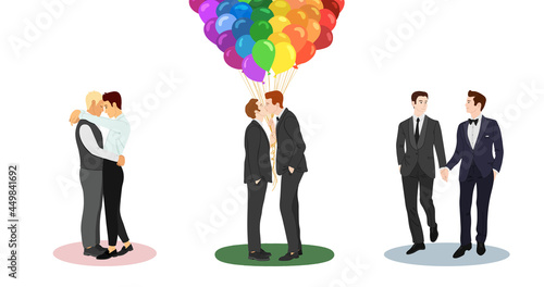 Vector illustration set of three gay white male couples at their wedding. A hugging male couple, kissing and holding multicolor balloons couple, and walking and holding hands coulpe.