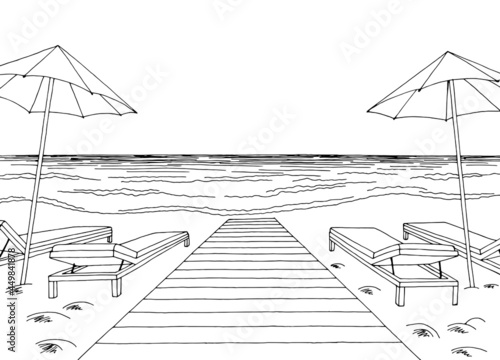Sea coast beach graphic black white vacation landscape sketch illustration vector 