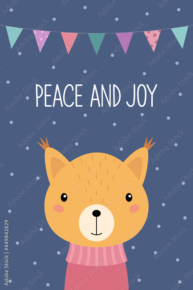 Fototapeta premium Cute cartoon squirrel in a sweater. A Christmas card. Peace and joy. Vector illustration
