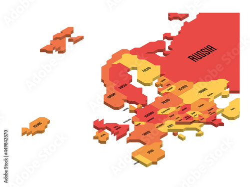 Isometric political map of Europe. Colorful land with country name labels on white background. 3D vector illustration