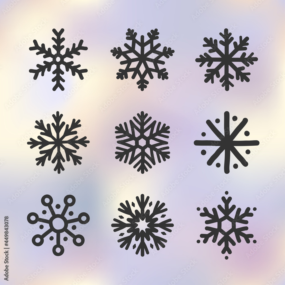 Set of hand drawn doodle snowflakes icons on winter sky gradient background. New year and winter simple symbol, cute snowflake for print, web, design, decoration, logo or mobile app Set of hand drawn doodle snowflakes icons on winter sky gradient background. New year and winter simple symbol, cute snowflake for print, web, design, decoration, logo or mobile app