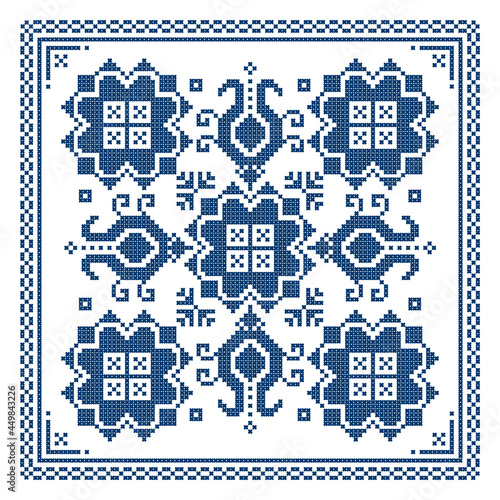 Zmijanje retro embroidery style vector design in square wtih flowers  - traditional folk art design from Bosnia and Herzegovina 