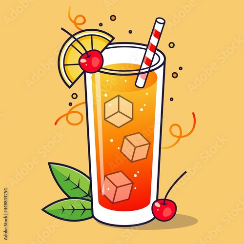 Fresh tropical  cocktail sunrise with ice, cherry and lemon