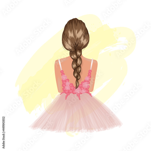 Pretty woman in pink floral dress back view 