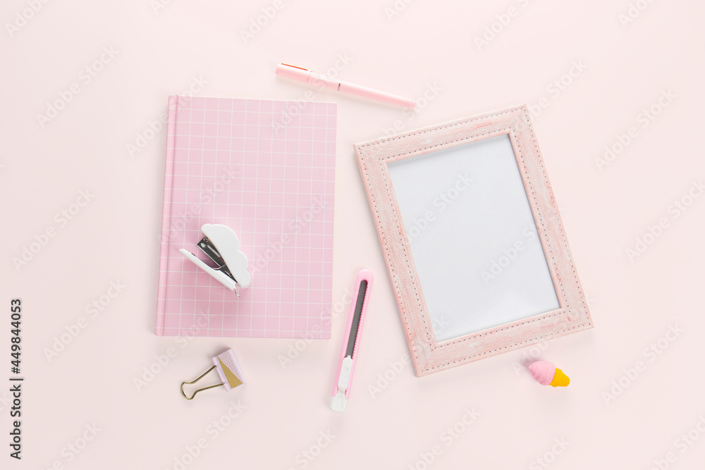 flat lay pink book and stationery. flat lay pink book and stationery.