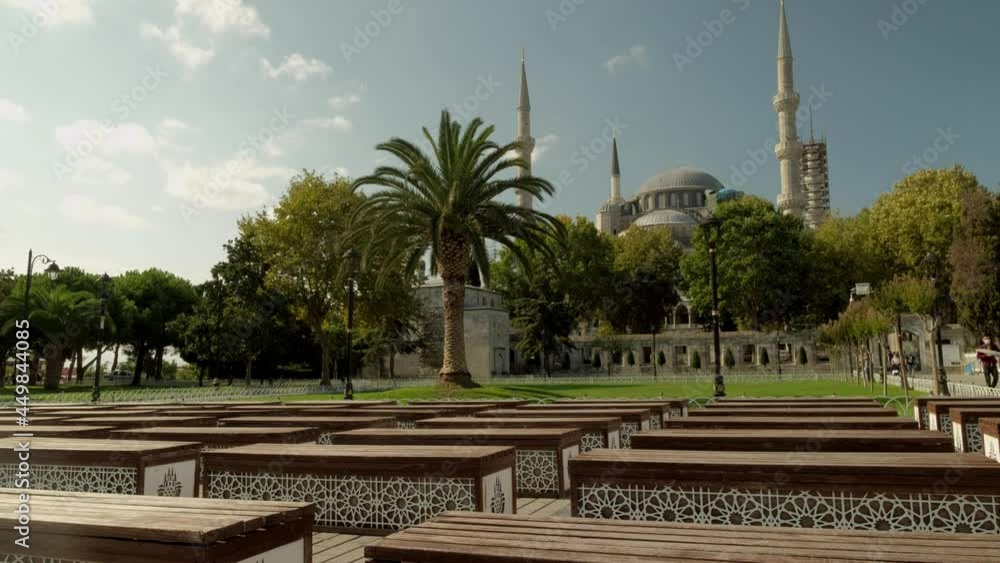 Wide static clip of Blue Mosque with benches in front. Wide static clip of Blue Mosque with benches in front.