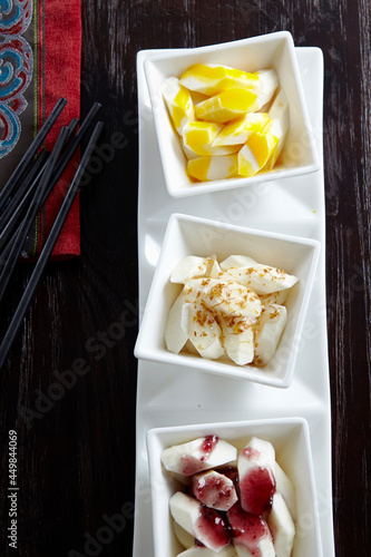 Delicious Chinese cuisine, cold dishes, three kinds of sauces mixed with yam