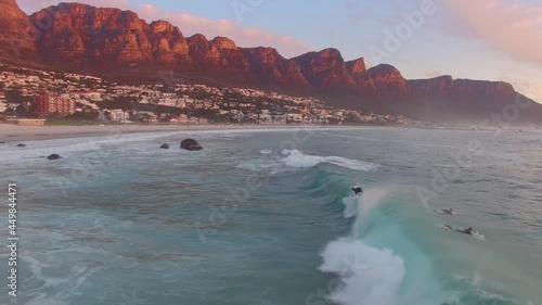 Aerial: Camps Bay at sunset, Cape Town, South Africa