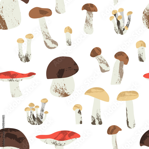 Cep, boletus, honey mushrooms, russula. Edible mushrooms. Autumn forest food. Seasonal raw fungi. Vegetarian product. Vector flat cartoon illustration, fall seamless pattern