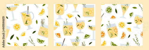 Fresh homemade lemonade, soda, mojito cocktail with lemon and mint. Summer tropic drink, cold citrus refreshing beverage in glass. Vector flat cartoon illustration, seamless pattern