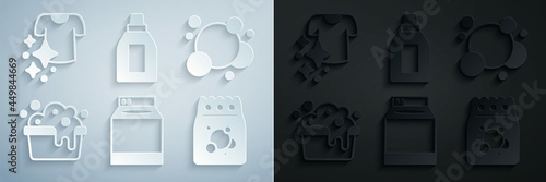 Set Washer, Soap water bubbles, Basin with soap suds, Laundry detergent, Bottle for cleaning agent and Drying clothes icon. Vector