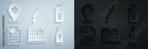 Set Hospital building, Digital thermometer, Patient record, Pipette and Location hospital icon. Vector