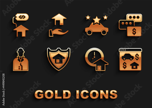 Set House with shield, Price negotiation, Online real estate, Time is money, Realtor, Car sharing, dollar and icon. Vector