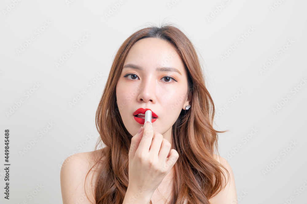 portrait beautiful woman make up and using red lipstick portrait beautiful woman make up and using red lipstick