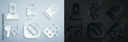 Set Sanitary napkin, Condom, Feminist activist, Packaging of birth control pills, Work for female and Female icon. Vector