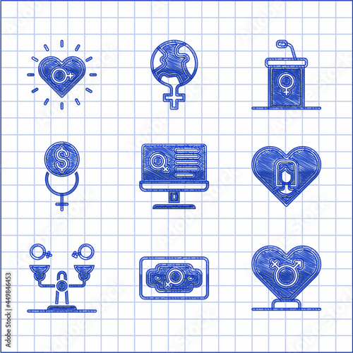 Set Dating app, Money growth woman, Gender, Heart with female, equality, Feminism finance, Debate podium rostrum and icon. Vector