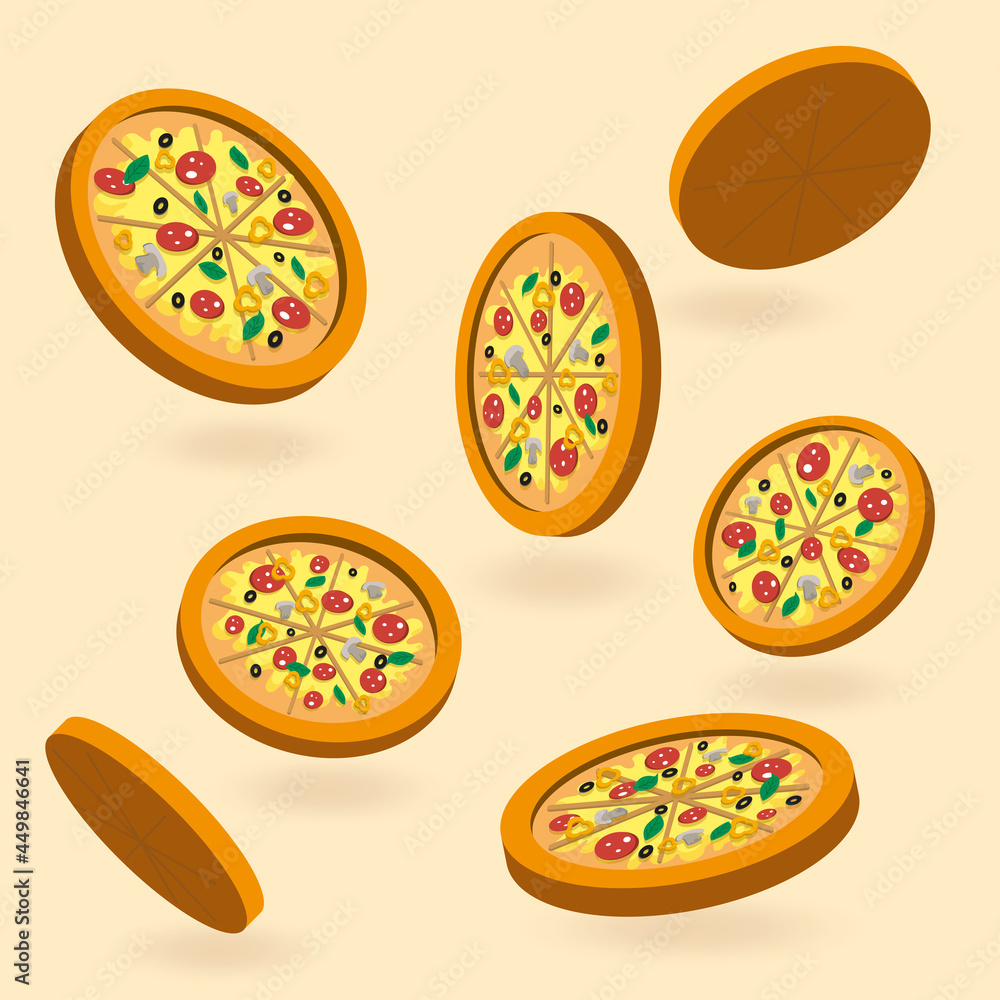 Tasty pizza from different angles on a beige background Tasty pizza from different angles on a beige background