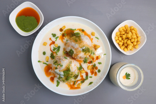 Dahi Bhalla or Dahi Vada is a type of chaat dish from India. It is prepared by soaking urad dal vadas in creamy yogurt with green and red chutney. Tri color dish. Indian Tiranga Flag colors food.