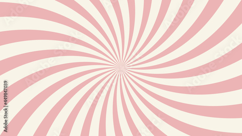Retro background with pink sunburst or starburst. Pattern with vintage color palette, swirl stripes. Vector illustration of 60s.