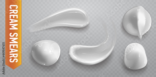 Set of realistic cosmetic cream smears. Skincare product of different body colors. Lotion smooth smear isolated vector texture on transparent background.