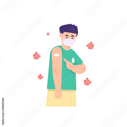 illustration of a man showing or telling that he has been injected with a vaccine. protected from the corona virus. been vaccinated. flat cartoon style. vector design