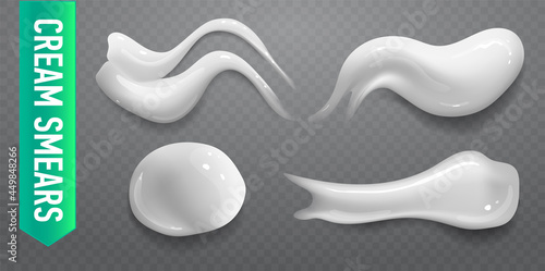 Set of realistic cosmetic cream smears. Skincare product of different body colors. Lotion smooth smear isolated vector texture on transparent background.