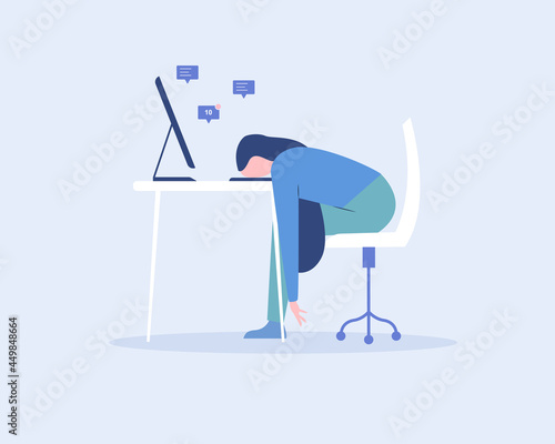 Young exhausted female employee sitting at the office. Professional burnout. Vector illustration flat style