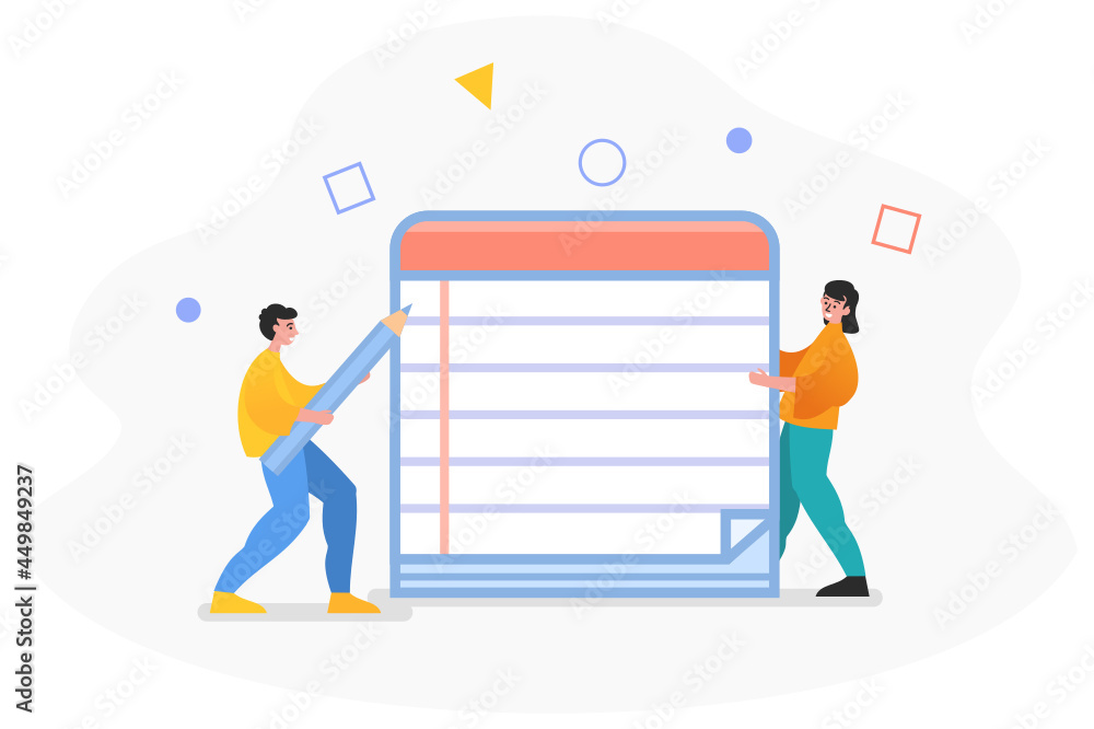 Write notes, keep diary, work planning. Two people stand near big notepad. Modern vector illustration Write notes, keep diary, work planning. Two people stand near big notepad. Modern vector illustration