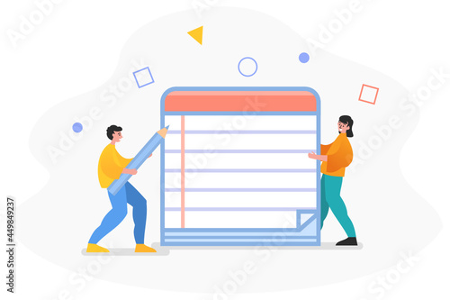 Write notes, keep diary, work planning. Two people stand near big notepad. Modern vector illustration